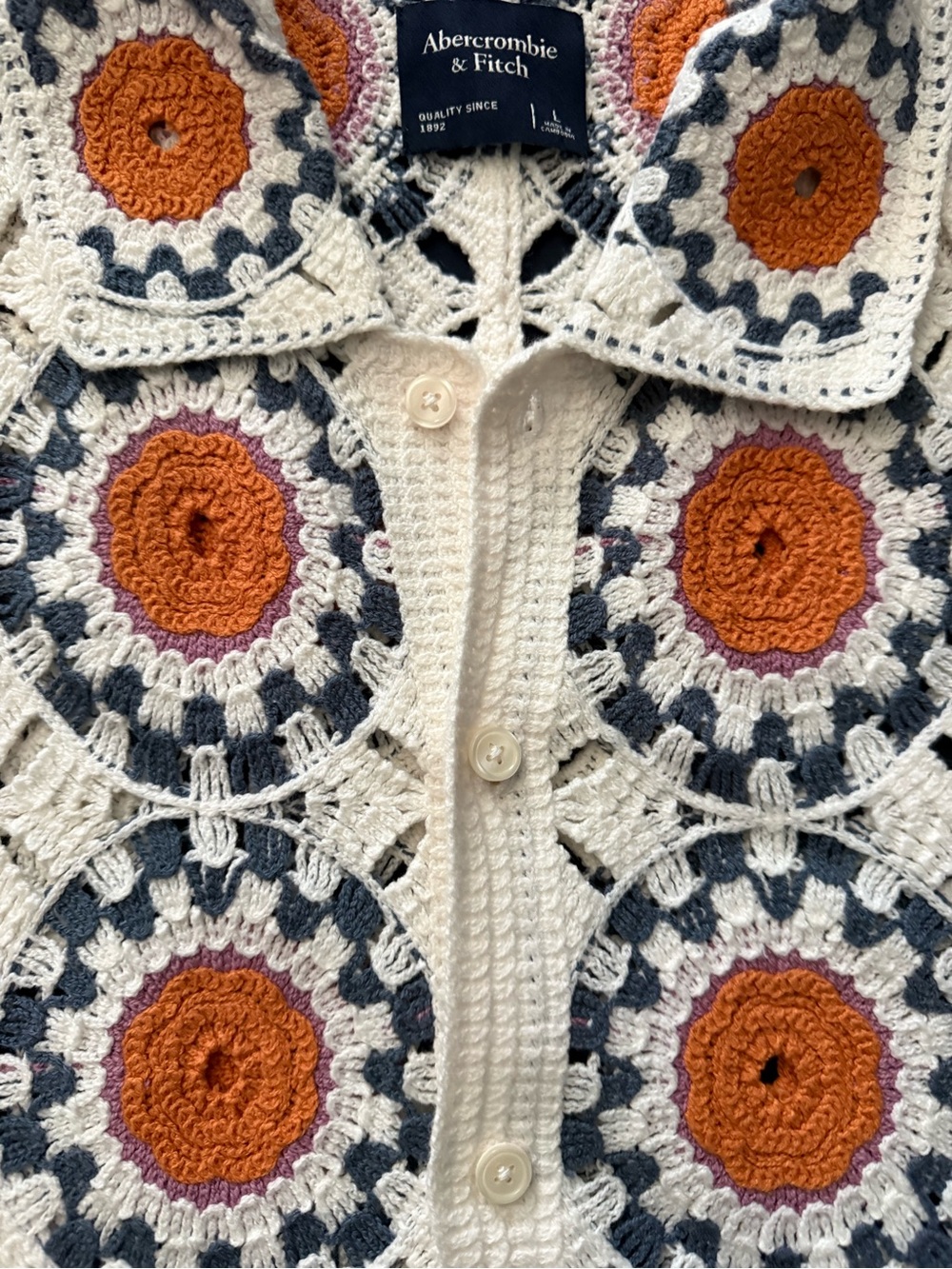 Abercrombie & Fitch Crocheted Button-Up Shirt in Cream, Orange & Navy